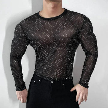 AIDASE  -  Men's Diamond Mesh Solid Color Long-Sleeved T-Shirt Sexy American Fashion Trend Casual Slim Breathable Niche Summer Men's Tops aidase-shop